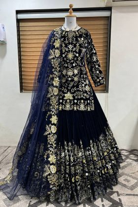Navy Blue Viscose Velvet Embroidered Top With Lehenga