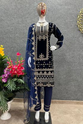 Navy Blue Viscose Velvet Embroidery Work Salwar Suit