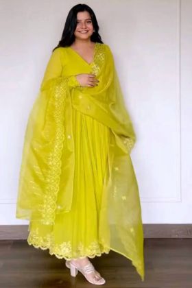 Neon Yellow Embroidery Work Anarkali Style Gown