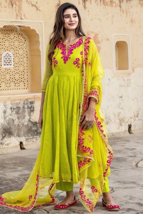 Neon Yellow Embroidery Work V Neck Anarkali Gown