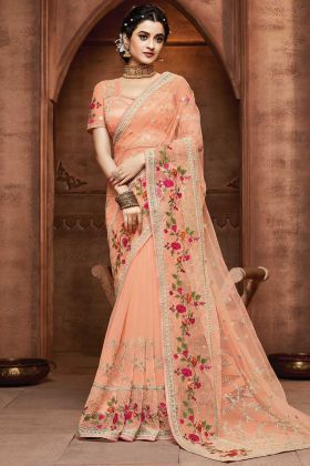 Net Fabric Peach Color Festival Wear Saree Online