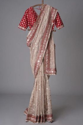 Off White Georgette Embroidery Work Saree
