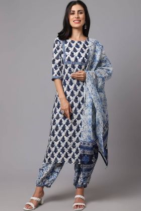 Off White Printed Heavy Rayon Readymade Salwar Suit