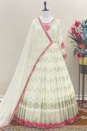 Off White Sequence Work Faux Georgette Readymade Gown