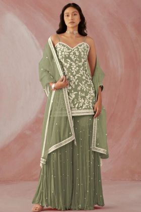 Olive Green Faux Georgette Salwar Suit