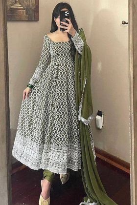 Olive Green Heavy Georgette Embroidery Work Stitched Gown