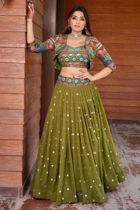 Olive Green Lehenga Choli With Sequence Embroidery Work Koti