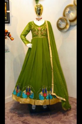 Olive Green Peacock Embroidered Long Anarkali Gown