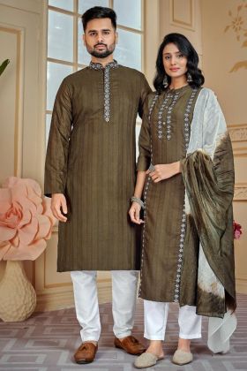 Olive Green Pure Cotton Sequence Work Salwar Suit Combo For Couple