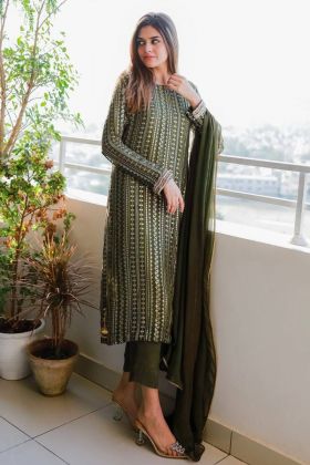 Olive Green Pure Faux Georgette Readymade Suit