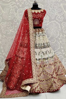 Online Purchase Silk And Velvet Combine In Red Bridal Lehenga Choli 