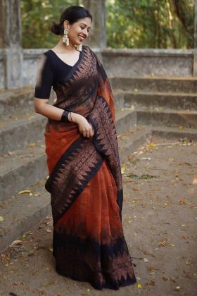 Orange Banarasi Soft Silk Weaving Work Saree