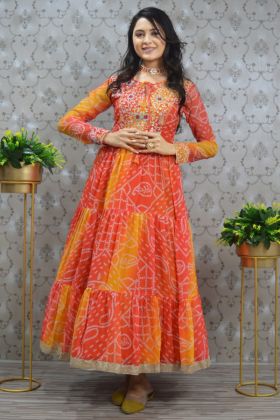 Orange Bandhani Printed Readymade Gown