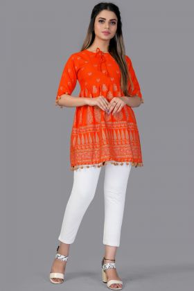 Orange Blend Cotton Graphic Printed Readymade Tunic Top