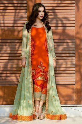 Orange Embroidery Work Pant Style Salwar Suit With Long Koti