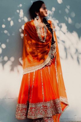 Orange Embroidery Work Readymade Anarkali Gown