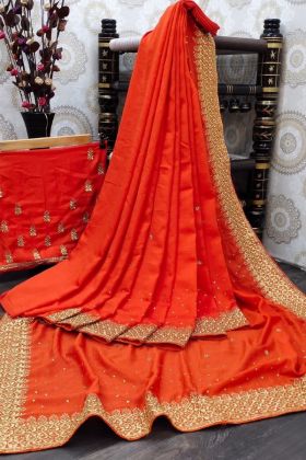 Orange Embroidery Work Vichitra Silk Saree
