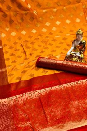 Orange Gold Zari Weaving Work Lichi Silk Saree