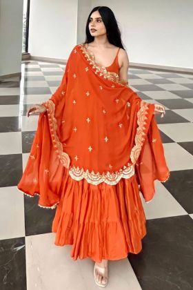 Orange Plain Sleeveless Readymade Ruffle Gown
