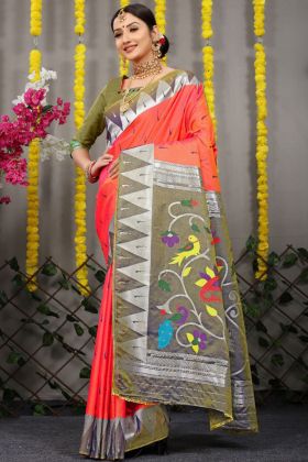 Orange Pure Silk Weaving Work Saree