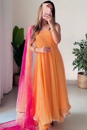 Orange Sequence Work Gown With Contrast Dupatta