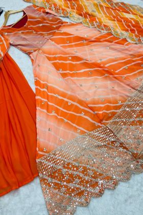 Orange Shaded Printed Embroidery Work Anarkali Gown