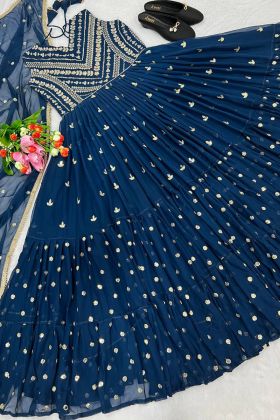 Oxford Blue Sequence Work Faux Georgette Stitched Anarkali Style Gown