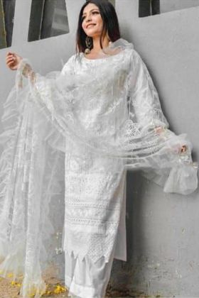 Pakistani Style White Embroidery Work Cambric Cotton Dress