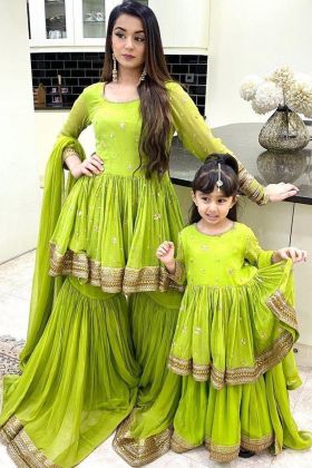 Parrot Green Embroidery Work Mother Daughter Sharara Combo