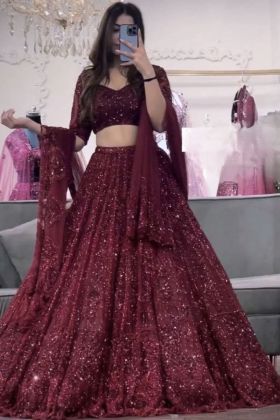 Party Special Blood Red Soft Net Coding Work Lehenga Choli