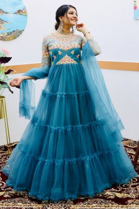 Party Special Blue Soft Net Readymade Frill Gown