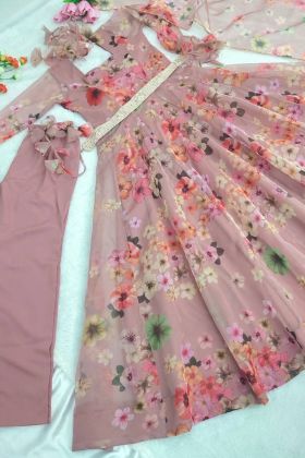Party Special Dusty Rose Pink Flower Printed Anarkali Gown