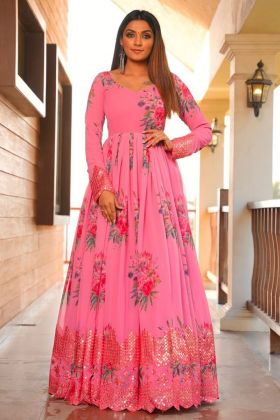 Party Special Flower Printed Pink Anarkali Gown