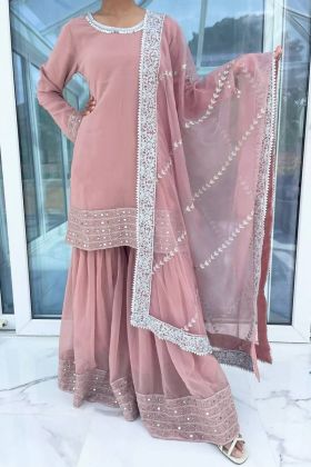 Party Special Light Pink Embroidery Work Satin Georgette Sharara