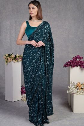 Party Special Peacock Blue Sequence Embroidery Work Saree
