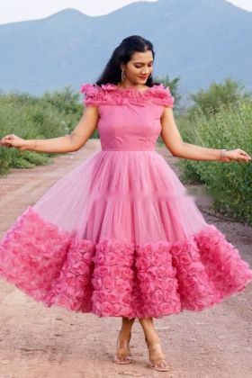 Party Special Pink Rose Flower Pattern Ribin Work Gown