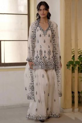 Party Special White Real Mirror Hand Embroidered Sharara Suit