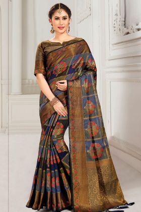 Party Wear Blue And Black Cotton Silk Weaving Saree