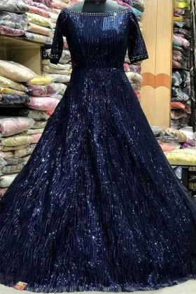 Party Wear Designer Navy Blue Diamond Zari Work Flared Gown