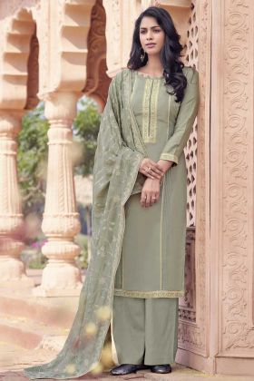 Party Wear Grey Color Muslin Latest Designer Palazzo Suit 