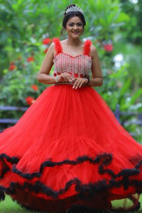Party Wear Red Ruffle Anarkali Style Gown