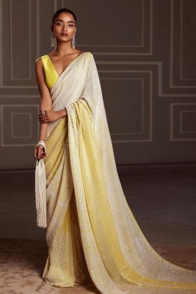 Party Wear Yellow Sequence Work Saree