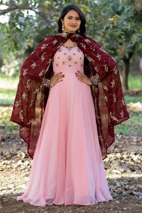 Peach Anarkali Gown With Sequence Work Stylish Shrug