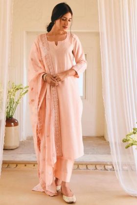 Peach Embroidery Work Ready To Wear Straight Salwar Kameez