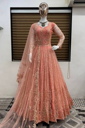 Peach Embroidery Work Soft Butterfly Net Gown
