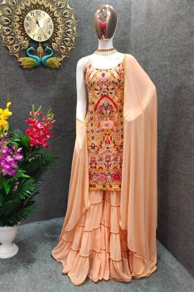 Peach Faux Georgette Embroidered Sharara Suit