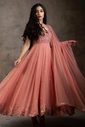 Peach Faux Georgette Embroidery Work Gown