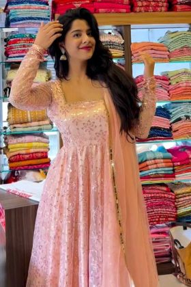 Peach Faux Georgette Sequence Work Anarkali Gown