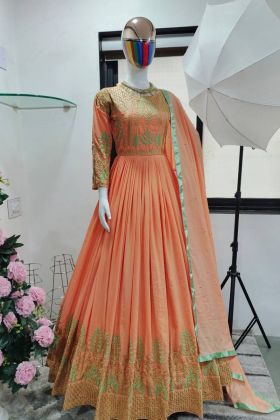 Peach Maska Silk Embroidery Work Gown