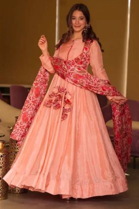 Peach Pure Chinon Silk Embroidery Work Gown